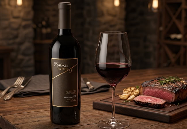 Pair the 94-Point 2014 Taplin 'Terra 9' Cabernet Sauvignon with Prime Ribeye — $49 Today (65% OFF) Bottle of 2014 Taplin Cellars Terra 9 Cabernet Sauvignon beside a glass of red wine and sliced grilled ribeye steak on a rustic table