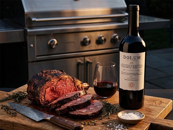 93pt Dolum Estates 2021 Cabernet Sauvignon with prime rib on a grill 93pt Dolum Estates 2021 Cabernet Sauvignon with prime rib on a grill