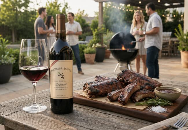 Michael-Scott 2022 Dry Creek Valley Zinfandel — The Ultimate BBQ Pair. Bottle of Michael-Scott 2022 Zinfandel next to a glass of red wine and a platter of grilled BBQ ribs at a summer backyard gathering.