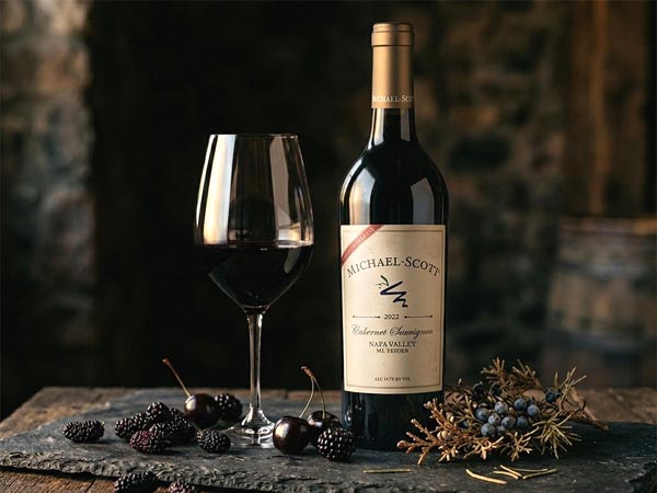 2022 Michael-Scott Mt. Veeder Napa Valley Cabernet Sauvignon bottle and glass on a dark stone surface with mulberries and cedar 2022 Michael-Scott Mt. Veeder Napa Valley Cabernet Sauvignon bottle and glass on a dark stone surface with mulberries and cedar
