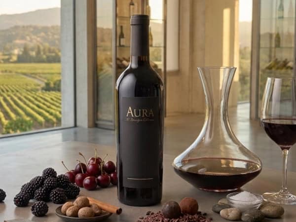 Beau Vigne 2023 Aura Cabernet Sauvignon – 94 Points A bottle of Beau Vigne 2023 Aura Napa Valley Cabernet Sauvignon on a modern concrete tasting counter next to a crystal decanter, a glass of red wine, and fresh cherries, overlooking a sunlit vineyard.