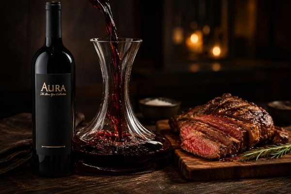 Beau Vigne 2023 'AURA' Cabernet Sauvignon – 94 Points A bottle of Beau Vigne 2023 Aura Napa Valley Cabernet Sauvignon on a rustic dark oak table, with red wine pouring into a crystal decanter next to a juicy grilled tri-tip steak.