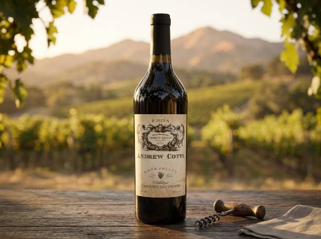 2023 Calistoga Cabernet Sauvignon – 95 Points A bottle of 2023 Andrew Cotti Calistoga Cabernet Sauvignon resting on a rustic wooden table.